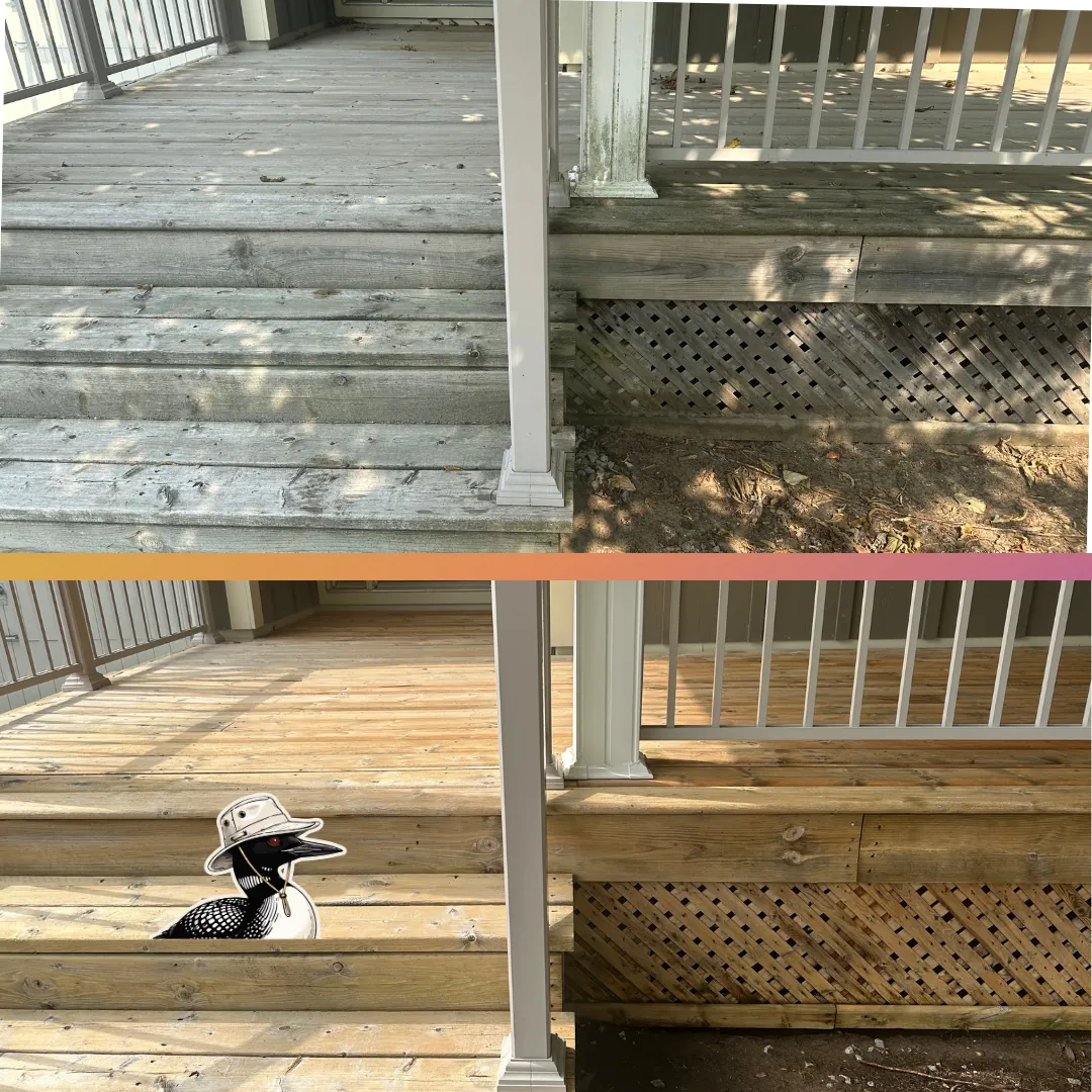 Before and after — Grey, weathered porch boards revived with a wood-safe wash.