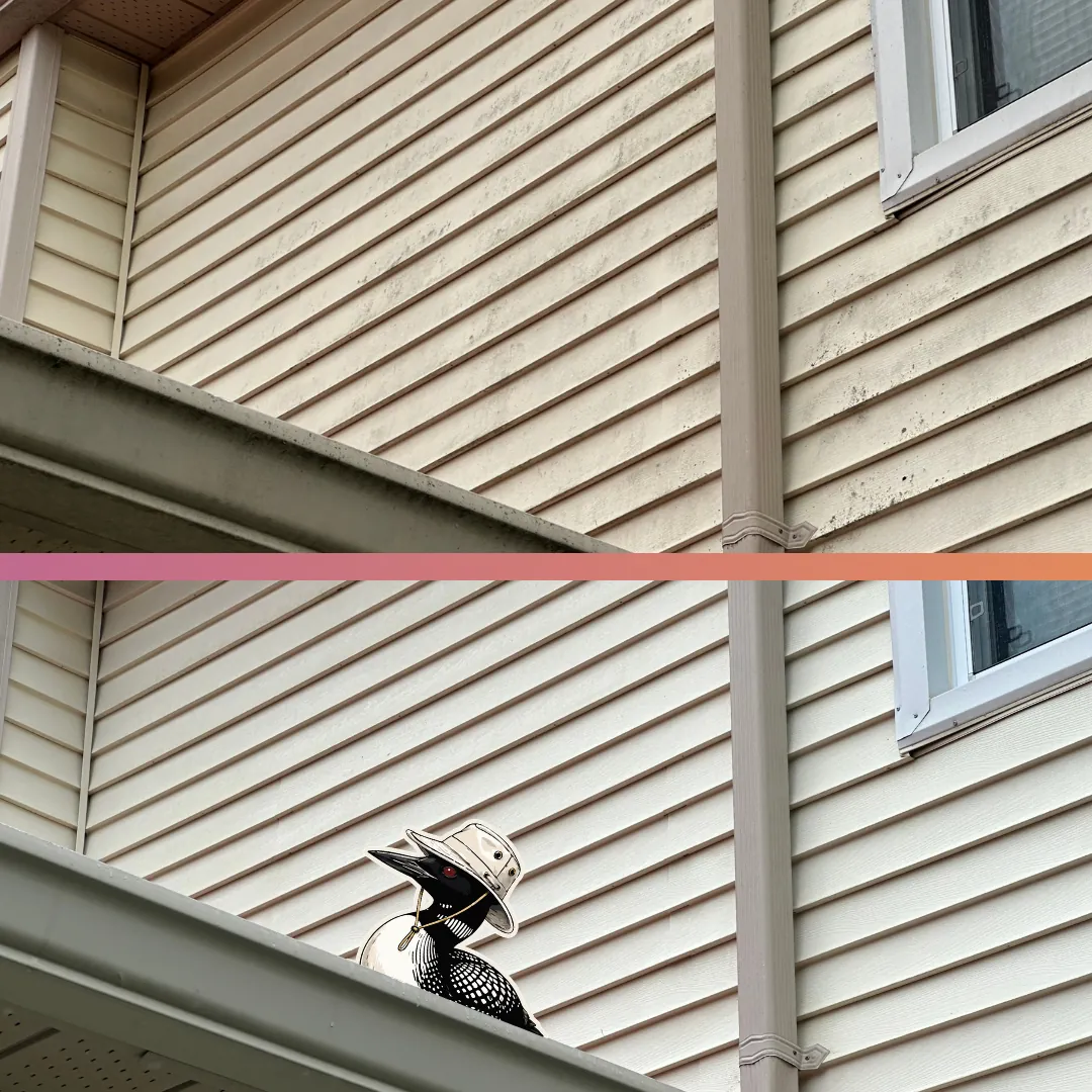 Before and after — Siding and soffits brought back to an even, clean finish.