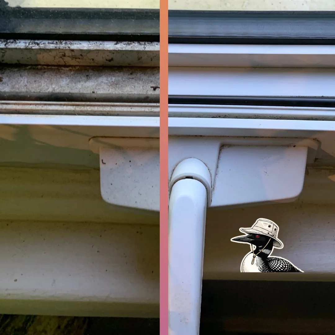 Before and after — Window track and sill — grit, cobwebs and black build-up vacuumed and wiped out of the channel so the sash runs clean again.