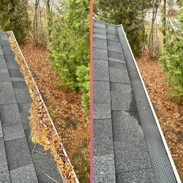 Before and after — an eavestrough packed with cedar needles and leaves, then cleared out and running free