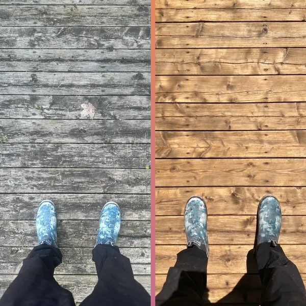 Before and after — deck & wood restoration on a Simcoe County home