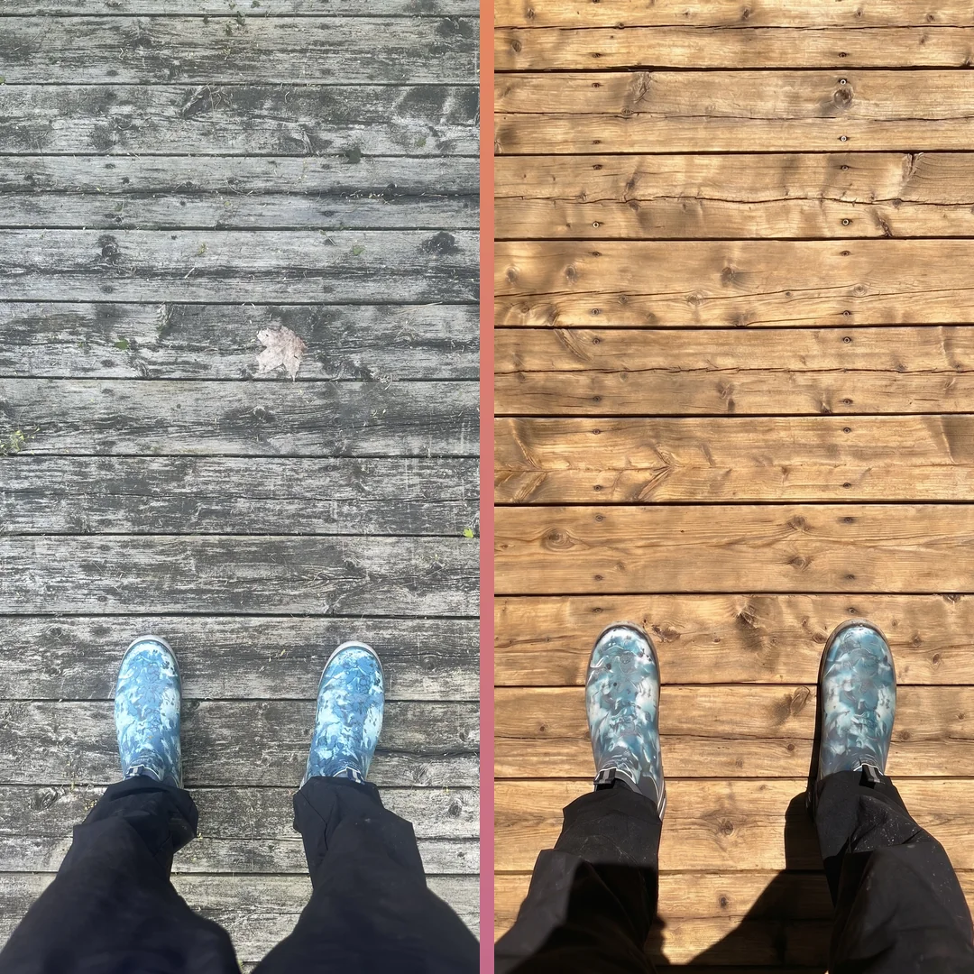 Before and after — The view from your own boots: silvered, mossy boards on one side, the same deck washed back to warm cedar on the other.