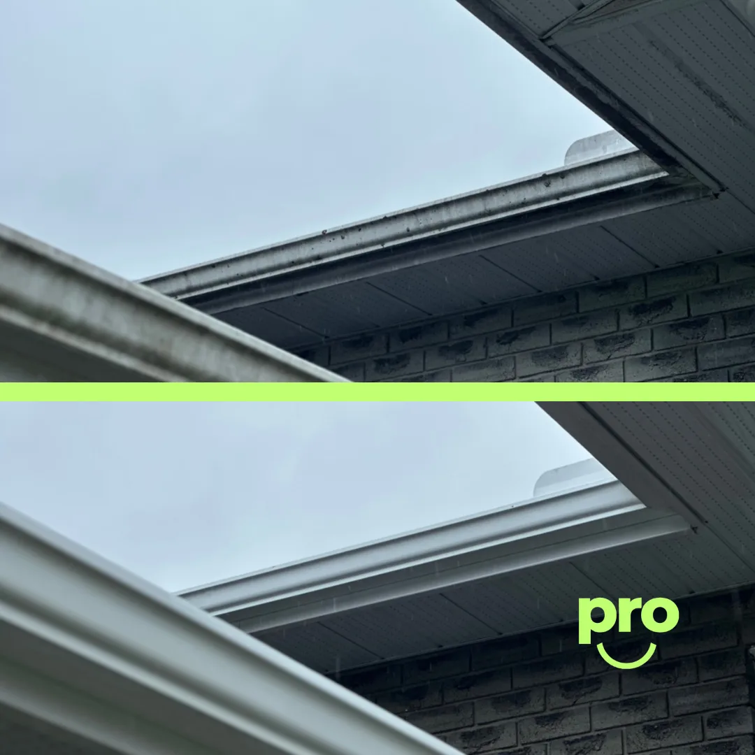 Before and after — Eaves and fascia brought back to white.
