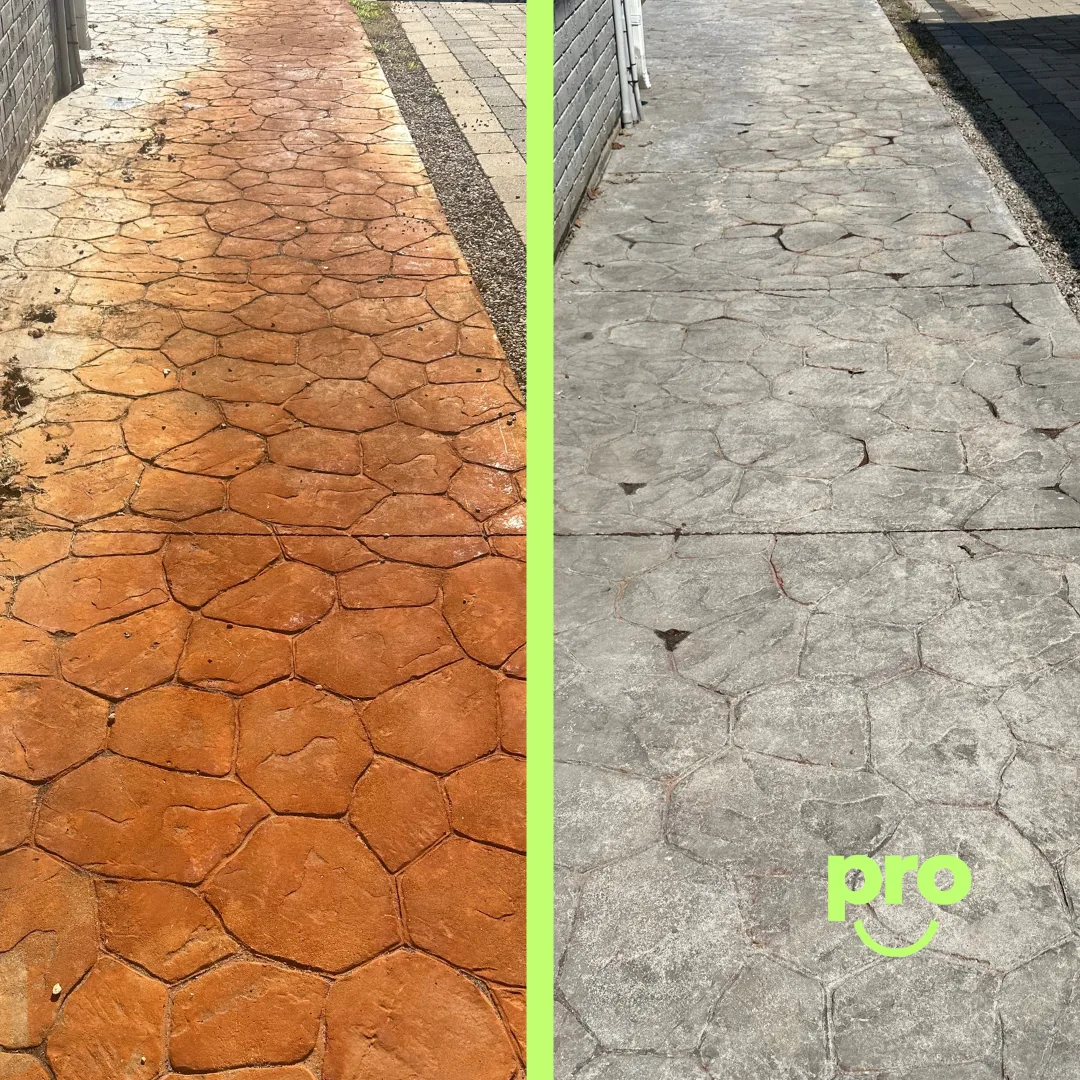 Before and after — Stamped concrete walkway, years of grime lifted.