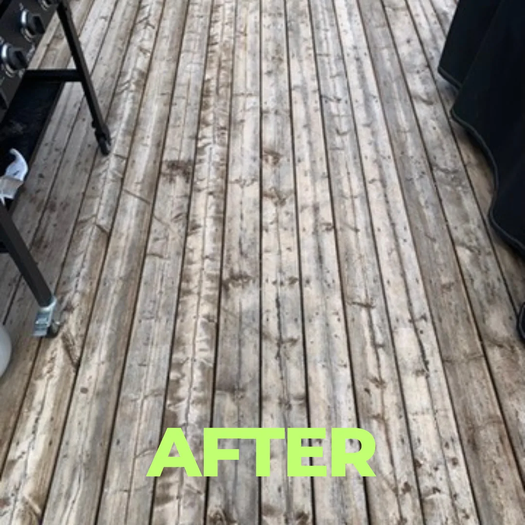 After — Grey, weathered boards revived with a wood-safe wash.