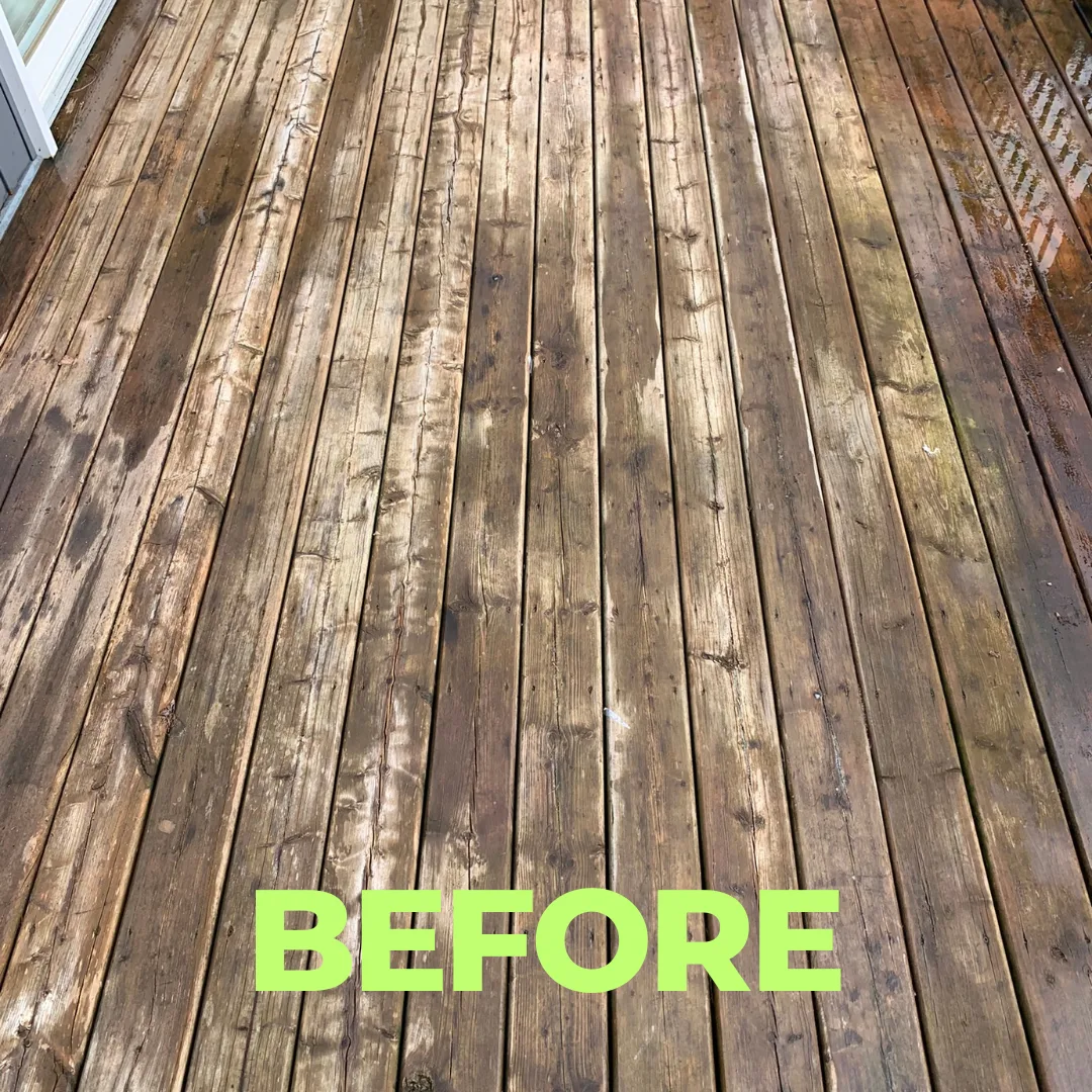 Before — Grey, weathered boards revived with a wood-safe wash.