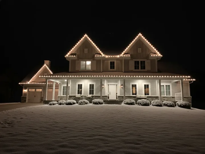 A large two-gable home outlined in warm white roofline lighting, with lit shrubs across the front beds