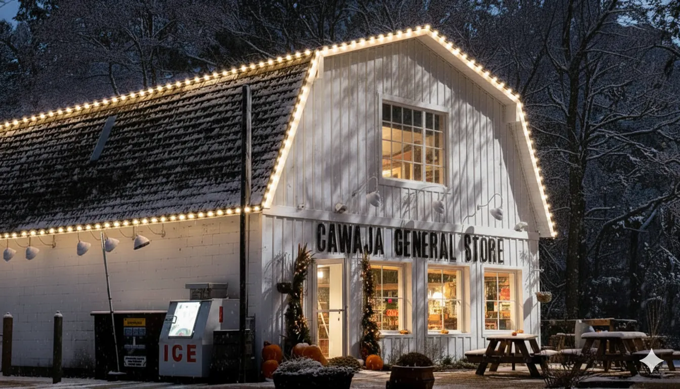 Design mockup: warm-white Christmas lighting drawn onto a photo of the Cawaja General Store’s gambrel roofline