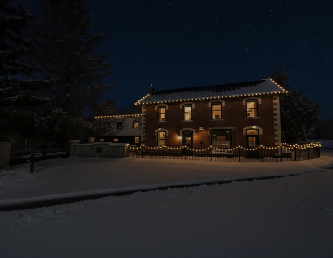 Design mockup: warm-white Christmas lighting drawn onto a photo of The Liberty Inn’s brick frontage, roofline and fence