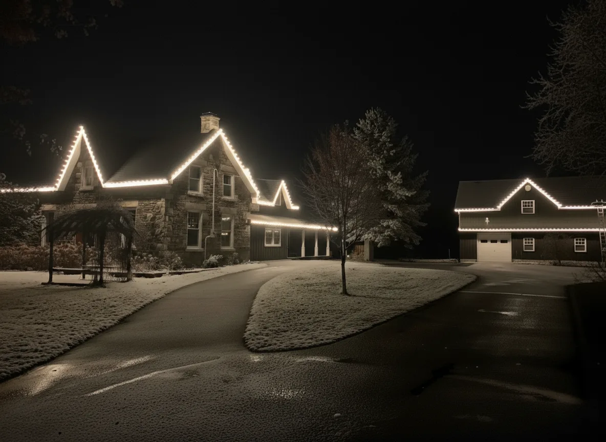 Professional Christmas light installation — Hawkestone · warm white on a long low roofline