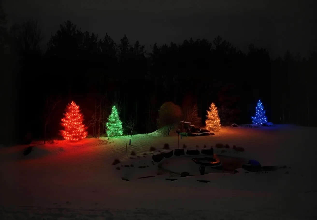 Evergreens lit in solid red, green, gold and blue across a snowy yard at night in Marchmont — a Nord install