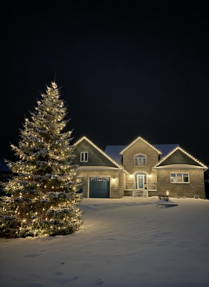 A tall evergreen wrapped in warm white lights beside a lit roofline — a Nord install in the Orillia area
