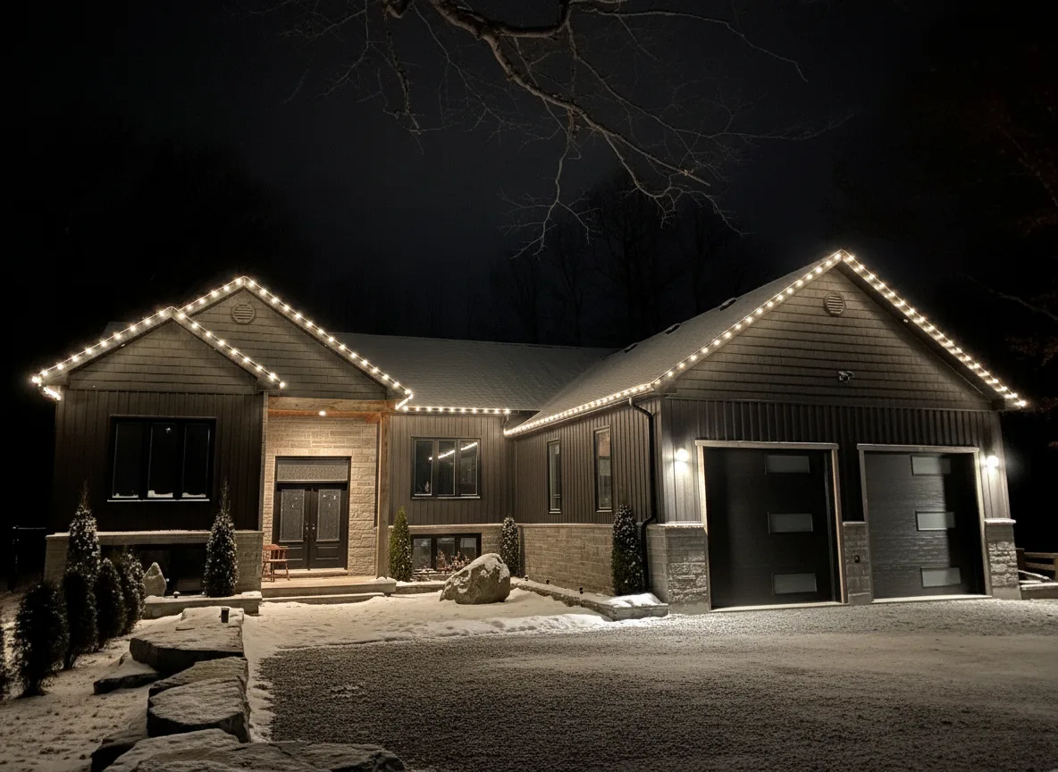 Professional Christmas light installation — Rama · warm white roofline & peaks