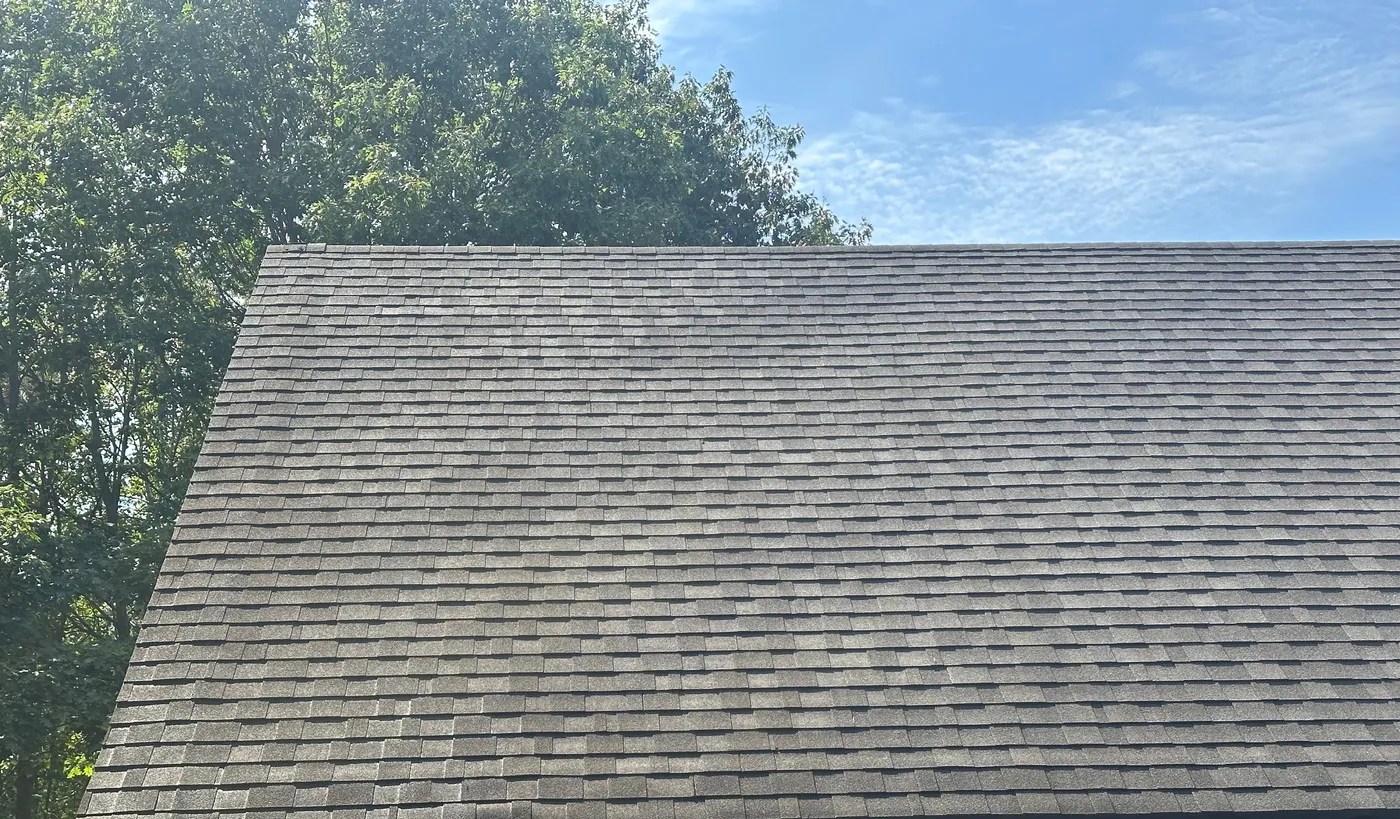 An asphalt shingle roof after a low-pressure soft wash — the dark algae streaking gone, clean even shingles under a blue sky